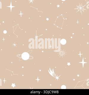 Trendiges nahtloses Himmelsmuster mit handgezeichneten spirituellen Weltraumsternen, Planeten und Sternbildern. Boho-magischer Hintergrund. Design für Textil, Karten Stock Vektor