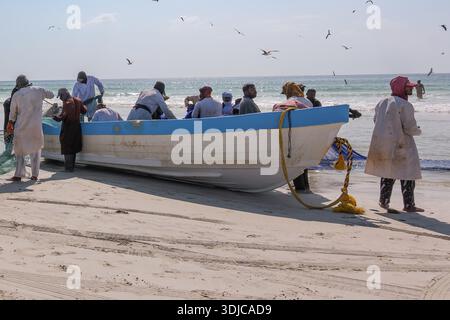 Eine Gruppe omanischer Fischer arbeitet fleißig daran, Fischernetze von ihrem traditionellen Holzboot zu leeren, das an einer sonnigen Küste liegt. Die Stockfoto