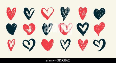 Grunge Red und Black Nubes, handgezeichnete Herzsymbole. Liebessymbole mit Scribble-Tinte. Markierer romantische Doodle-Zeichen perfekt für Valentinskarten Stock Vektor