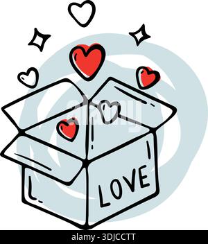 Offener Karton mit Liebestext und fliegenden roten Herzen, romantisches Geschenk- und Pflegepaket-Konzept, handgezeichneter Doodle-Stil. Stock Vektor