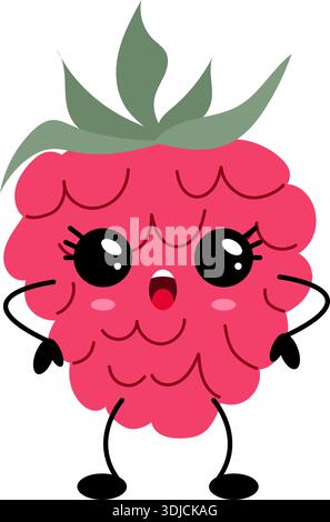 Entzückender Himbeercharakter mit überraschtem Ausdruck, flache Vektor-Illustration isoliert auf weiß für Kinder Designs. Stock Vektor