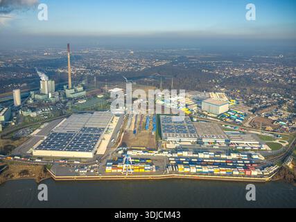 Luftbild, Duisburg-Nord, duisport logport VI Walsum, logport 6, Baustelle und Neubau multimodal Terminal Duisburg GmbH neben dem STEAG Kraftwerk Walsum am Fluss Rhein, Alt-Walsum, Duisburg, Ruhrgebiet, Nordrhein-Westfalen, Deutschland ACHTUNGxMINDESTHONORARx60xEURO *** Luftansicht, Duisburg Nord, duisport Logport VI Walsum, Logport 6, Baustelle und Neubau multimodal Terminal Duisburg GmbH neben dem STEAG Kraftwerk Walsum am Rhein, Alt Walsum, Duisburg, Ruhrgebiet, Nordrhein-Westfalen, Deutschland ATTENTIONxMINDESTHONORARx60xEURO Stockfoto