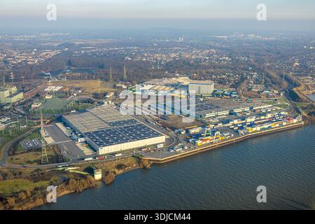 Luftbild, Duisburg-Nord, duisport logport VI Walsum, logport 6, Baustelle und Neubau multimodal Terminal Duisburg GmbH neben dem STEAG Kraftwerk Walsum am Fluss Rhein, Alt-Walsum, Duisburg, Ruhrgebiet, Nordrhein-Westfalen, Deutschland ACHTUNGxMINDESTHONORARx60xEURO *** Luftansicht, Duisburg Nord, duisport Logport VI Walsum, Logport 6, Baustelle und Neubau multimodal Terminal Duisburg GmbH neben dem STEAG Kraftwerk Walsum am Rhein, Alt Walsum, Duisburg, Ruhrgebiet, Nordrhein-Westfalen, Deutschland ATTENTIONxMINDESTHONORARx60xEURO Stockfoto