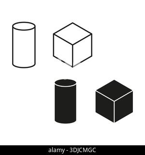 Zylinderwürfelsatz. Vektor der geometrischen Form. Lineare Volumenkörperzahl. 3D-Objektsammlung. EPS 10. Stock Vektor