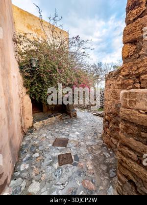 Gepflasterte Gasse mit traditionellen Häusern und Bougainvillea in der mittelalterlichen Stadt Monemvasia, Peloponnes, Griechenland. Stockfoto
