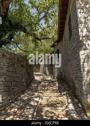 Traditionelle Steinallee im Dorf Monodendri, Region Zagori, Griechenland, mit Kopfsteinpflaster, historischen Kalksteinhäusern und dramatischem Licht und Stockfoto