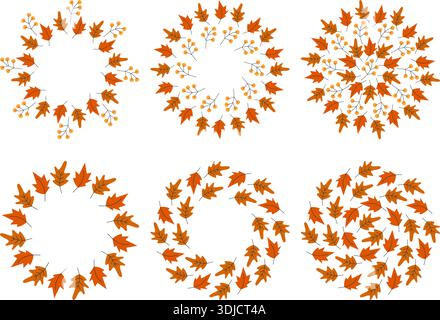 Herbstlaub Circle Rahmen und Kulissen im trendigen Monochrom Herbstpaletten Minimal Flat Design-Set. Vektorillustration Thanksgiving- oder Herbst-Themenkarten Social Media Post, Tag Design Element Stock Vektor