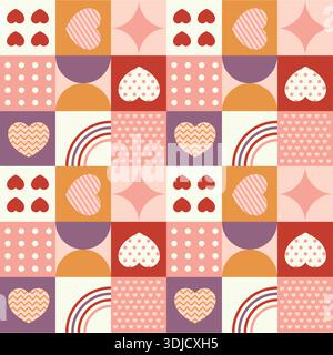Nahtloses Vektormuster zum Valentinstag mit geometrischen Formen und Herzelementen. Stock Vektor