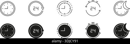 Symbolsatz Für Uhr Und 24-Stunden-Zyklus. Zeitmanagement, Tag- Und Nachtzyklus Und Symbol Für Kontinuierlichen Betrieb. Geschäfts- Und Produktivitätskonzepte Stock Vektor