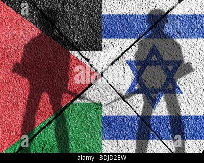 Die israelische und die palästinensische Flagge sind beide aus Knistern gefertigt. Konzeptbild des Konflikts zwischen Palästina und Israel. Hologramm mit doppelter Belichtung Stockfoto