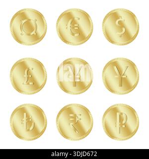 Setzen Sie zehn Münzen. Goldene Währungssymbole. Verschiedene Geldmarken. Vektor-Finanzsymbole. Stock Vektor