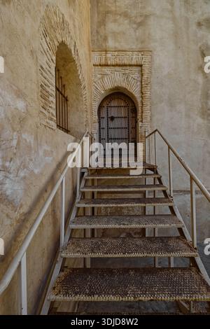 091 Dickholztür mit traditioneller Nietenverzierung auf der nordwestlichen Seite von Borj Sud oder Burj al-Janub Fort mit Blick auf das El-Bali Viertel. Fes-Marokko Stockfoto
