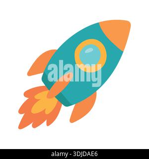 Farbenfrohe Cartoon-Rakete, die ins All startet, perfekt für Themen der Startup-Technologie, Innovationskonzepte und Grafiken für naturwissenschaftliche Bildung von Kindern Stock Vektor
