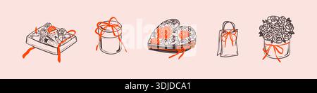 Set von Valentinstag, Mädchengeburtstag, Hochzeit romantische Liebesgeschenke und Geschenke. Handgezeichnete skurrile Koketten-Zeichnung mit Buntstift-Illustration. Stock Vektor