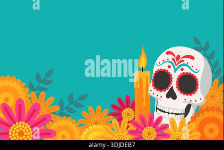 Tag des toten Zuckerschädels mit Kerzen- und Ringelblumen, Hintergrund Día de los Muertos Stock Vektor