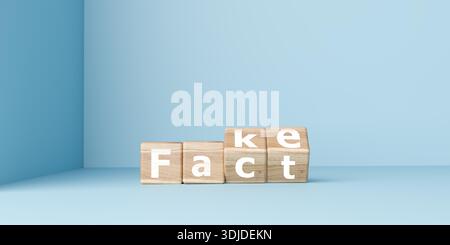 Handdrehung von Holzwürfeln vom Wort Fake zu Fakt auf blauem Hintergrund. Konzept für die Überprüfung von Nachrichten, Wahrheitssuche, Fehlinformationen und Medienliteratur Stockfoto