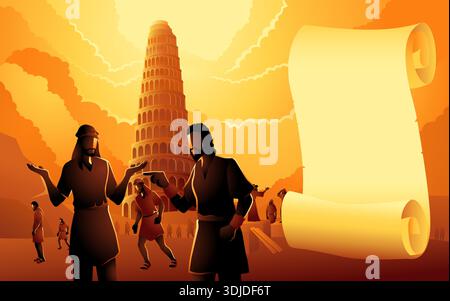 Turm von Babel Illustration mit antiken Rollen. Biblische Geschichte, Religion und Geschichtskonzept. Stock Vektor