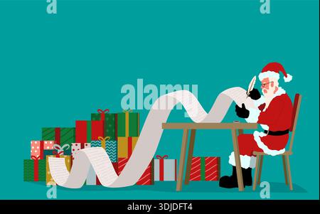 Der Weihnachtsmann überprüft die Unheimliche oder die Nizza-Liste. Weihnachtsgeschenk Vorbereitung Vektor Illustration. Stock Vektor