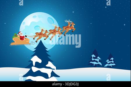 Der Weihnachtsmann fliegt in seinem Schlitten mit Rentieren durch den Nachthimmel, mit Vollmond und verschneiten Kiefern darunter. Stock Vektor
