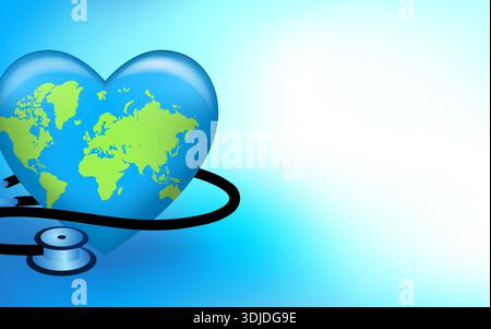 Globus Heart mit Stethoskop. Globale Herzgesundheit und medizinische Versorgung Konzept Illustration Vorlage Hintergrund. Stock Vektor