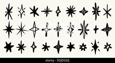 Buntstift Stern und Glitzer Vektor Set mit rauer Bleistift Textur. Handgezeichnete Kritzelsterne, Kreuze und Funkeln im Kreidestil. Ideal für Tapeten Stock Vektor