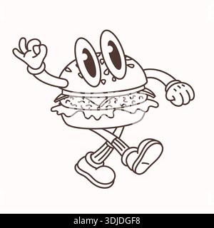 Cartoon Burger Charakter im Retro-Stil mit großen Augen und Gehpose auf hellem Hintergrund. Burger Outline-Zeichentrickfilm mit Vintage-Look Stock Vektor