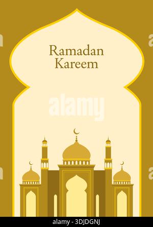 Ramadan Kareem-Grußvorlage mit einer einfachen flachen Moschee-Illustration und einem islamischen Bogenrahmen. Mit großem Leerraum für Text oder br Stock Vektor