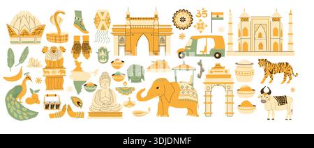 Set aus indischer Kultur und Wahrzeichen. Vektorabwicklungsdarstellung isoliert. Indische Tourismusobjekte, Mehendi, Laddy, Ernteelemente, Karikatur asiatisch Stock Vektor