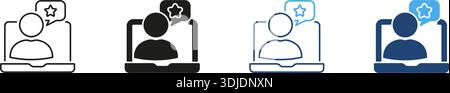 Person In Laptop Line Und Solid Symbolsatz. Online-Review, Feedback und Benutzerbewertung – Übersicht und Silhouette Symbol Collection. Kundenzufriedenheit Stock Vektor