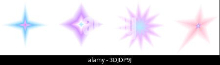 Sternverlauf y2k Symbolfiguren. Durch die unscharfe Aura-Abstufung entstehen Formen. Blinkt pastellfarbene transparente Formulare. Vektormischung glatt gelöstes Starburst el Stock Vektor