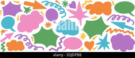 Sprechblasen, Knall und Wolken. Farbenfrohe geometrische Figuren. Verspielte Papiercollage mit Sternen, Pfeilen, Wolken und Kritzeleien. Flippige grafische Abbildung s Stock Vektor