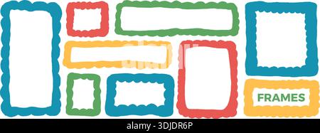 Rechteckige Rahmen mit Muschelrand. Organische wellige abstrakte geometrische Textfelder. Gebogene, leere Zackenränder. Vektorblaue, rote und gelbe Beschreibungen und Stock Vektor