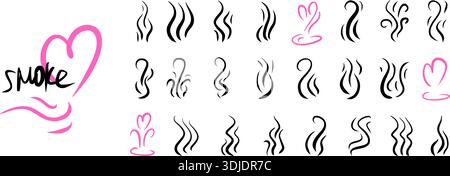 Rauchen und Herzaroma-Linien. Wirbelnde Dampfkritzeleien mit fließenden Hitzewellen. Zeichnung von aufsteigenden Dämpfen und aromatischen Wolken für kulinarische Kleie Stock Vektor