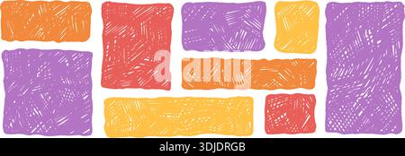 Bunte, mit Buntstiften gezeichnete Rechtecke mit unregelmäßig gewellten Rändern. Verspielte Sammlung abstrakter Textfelder und Labels, perfekt für kreative Projekte und Aufgaben Stock Vektor