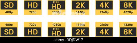 Symbol Für Videoauflösung Eingestellt. Sammlung Von Symbolen Für Anzeigequalität Und Bildschirmauflösung. Multimedia- Und Technologienutzung. Ultra Hd Icon Kollektion. Isoliert Stock Vektor