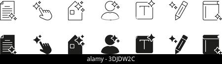 Bearbeiten und Formatieren von Symbolen mit Sparkle-Effekt. Enthält Symbole Für Dokument, Handklicker, Startseite, Benutzer, Text, Bleistiftsymbole. Isolierter Vektor Stock Vektor