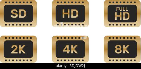 Symbol Für Videoauflösung Eingestellt. Display-Qualität Und Bildschirmauflösung Gold Symbol Collection. Multimedia- Und Technologienutzung. Abbildung Des Isolierten Vektors Stock Vektor
