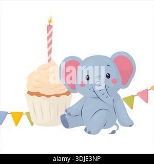 Niedlicher Elefant sitzt bei einem Geburtstagskuchen mit einer Kerze, gezeichnet als sauberer flacher Vektor. Freundliche Tierfigur für Kinderpartys, Lernkarten, Stock Vektor