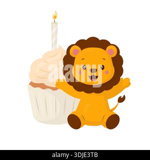 Ein niedliches Löwenjunges sitzt neben einem Geburtstagskuchen mit einer Kerze, illustriert im flachen Vektorformat. Dieser freundliche Tiercharakter ist perfekt für Kinder Stock Vektor