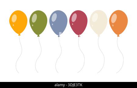 Satz von bunten Ballons, die auf Strings im flachen Vektorstil schweben. Festliche Dekoobjekte isoliert auf weiß, perfekt für Geburtstagsfeiern, Feiern Stock Vektor