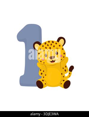 Niedlicher Leopard, der neben einer großen Nummer eins sitzt. Illustration des flachen Vektors. Freundliche Tierfigur arbeitet für Themen zum ersten Geburtstag, frühe Lernende Stock Vektor