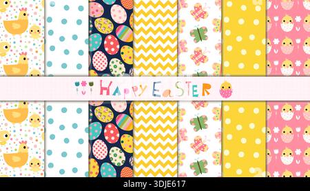 Osterset mit farbenfrohen, nahtlosen Vektormustern mit Huhn, Hühnern, bemalten Eiern, Blumen- und Chevron-Designs Stock Vektor