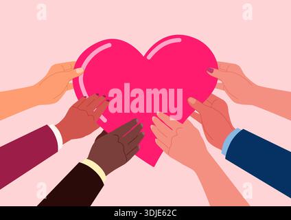 Verschiedene Hände, Die Das Herz Halten. Unity, Love und Community Support-Konzept in einer flachen Vektor-Illustration Stock Vektor