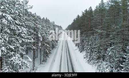 Luftaufnahme einer schneebedeckten Straße durch einen Kiefernwald in Estland Stockfoto