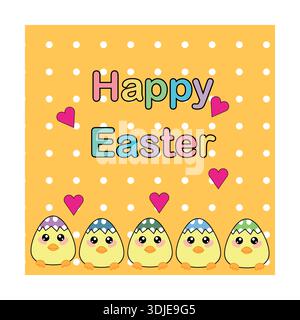 Happy Easter Grußkarte mit niedlichen Kawaii Küken in Eierschalen auf gelbem Polka Dot Hintergrund. Stock Vektor