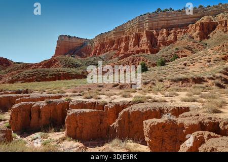 Erodierte rote Ton- und Sandsteinformationen in der Rambla de Barrachina (Roter Canyon von Teruel), dem aragonesischen Colorado, in Teruel, Aragon, Spanien Stockfoto