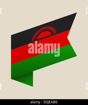 Die malawische Nationalflaggenvektorfigur wurde in ein dynamisches Bandbanner gefaltet, das Patriotismus und Nationalstolz repräsentiert. Stock Vektor