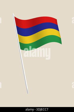Die Nationalflagge von Mauritius winkt auf einem silbernen Fahnenmast, eine detaillierte Vektorgrafik, die eine stolze souveräne Nation darstellt. Stock Vektor