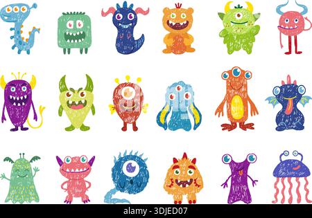 Zeichentrickmonster mit Buntstiften. Schreckliches Monster, lustige friedliche Bleistiftzeichnungen Aliens. Kinder Stil Hand gezeichnet helle Zeichen, neoterische Vektor Clipart Stock Vektor