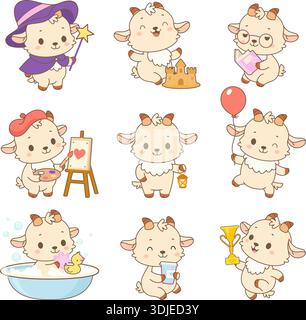 Kawaii-Ziegen in Zeichentrickfilm. Lustige Ziege in verschiedenen Posen. Zeichentricktiere zeichnen, lesen, waschen und trinken. Süße Kindermaskottchen, heute Vektor-Set Stock Vektor